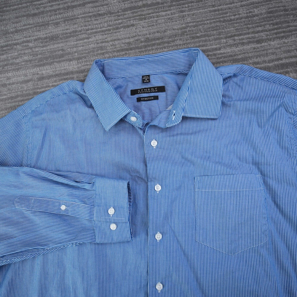 Synrgy Dress Shirt Men Button Up Stretch 19 34/35 Blue White Stripe Long Sleeve